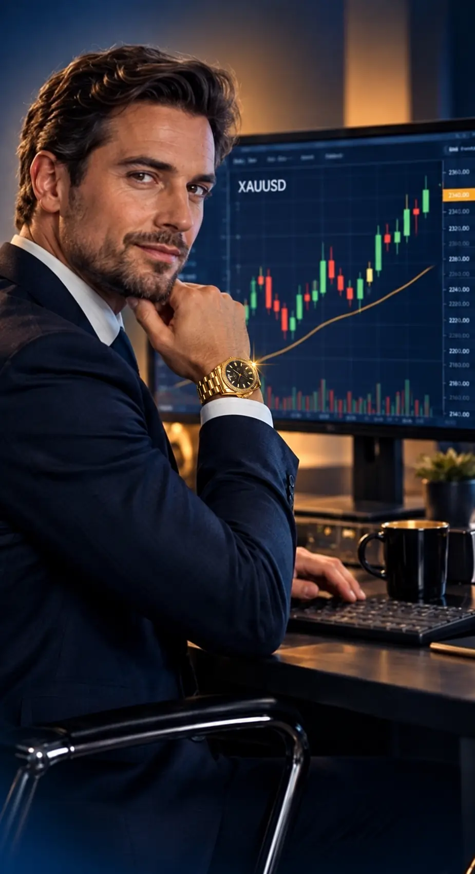 Goldi przy animowanym wykresie XAUUSD — złoty Rolex z błyskiem